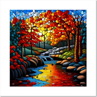 Stained Glass River Running Amid Autumn Foliage Posters and Art